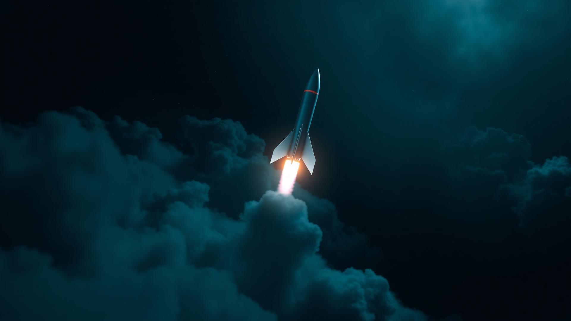 Rocket ascending through the night sky with electric indigo lighting